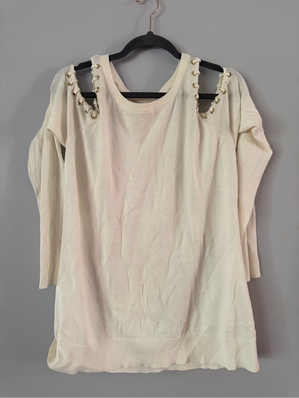 Michael Kors Off-White Cold Shoulder Knit Sweater Gold Grommet Accent L
